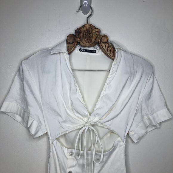 Zara Dress White Collared Mini Twist Midriff Cutout Button Side Linen Blend S - Picture 5 of 10